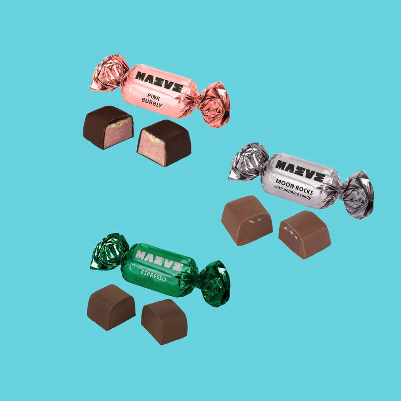 Candies in the gift set: Pink Bubbly, Moon Rocks, & Espresso