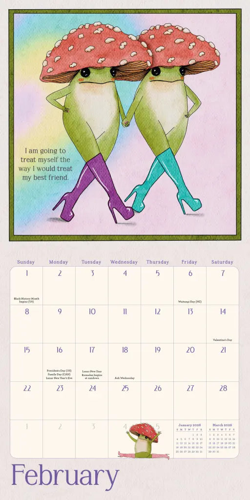 Sample page from February features frogs in sky high platform boots with the affirmation, " I am going to treat myself the way I would treat my best friend."
