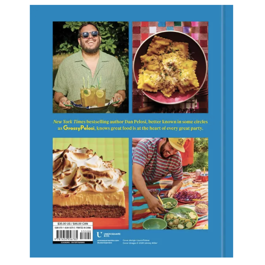 Back of "Let's party shows the author hosting and examples of recipes from the book