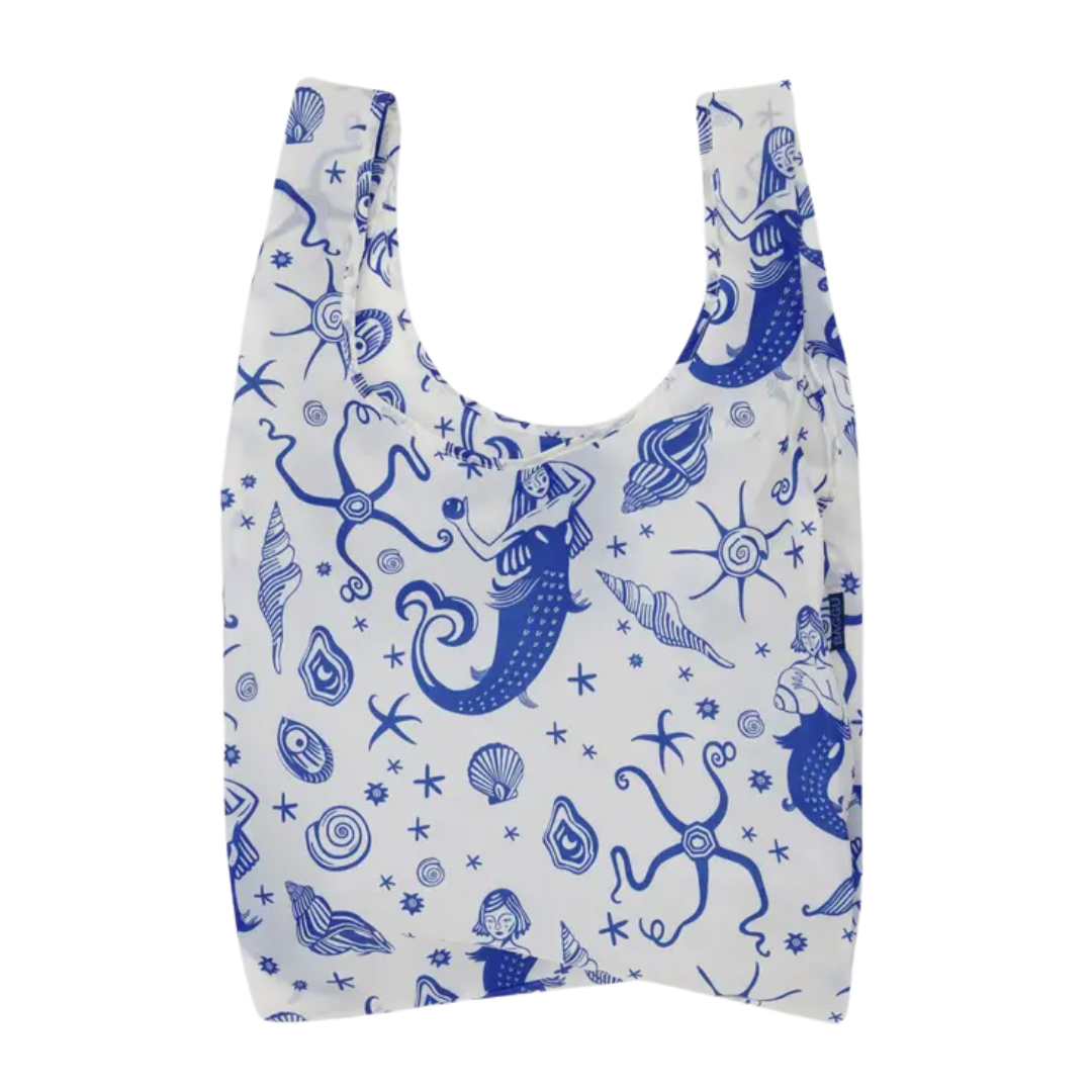 Standard Baggu shopping bag in white, decorated with blue mermaids and sealife.