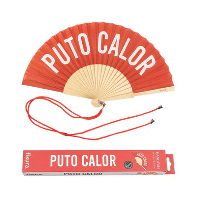 Red hand fan that says "PUTO CALOR" in white