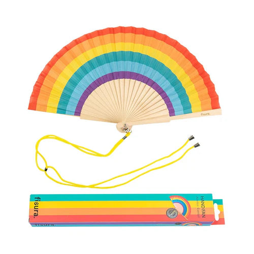 Rainbow-colored hand fan with a yellow chord for around the wrist or neck