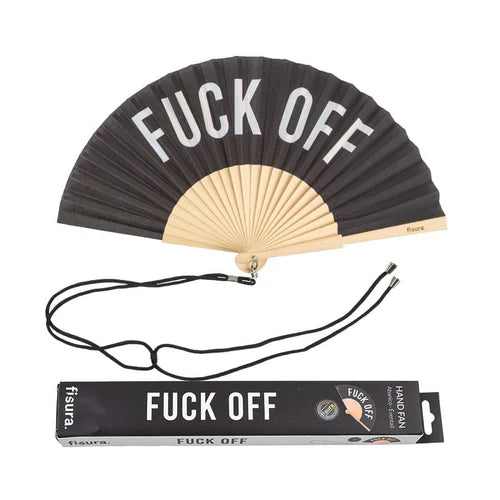 Black hand fan says FUCK OFF in white