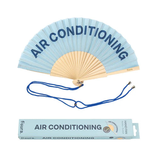 Sky blue hand fan that says AIR CONDITIONING
