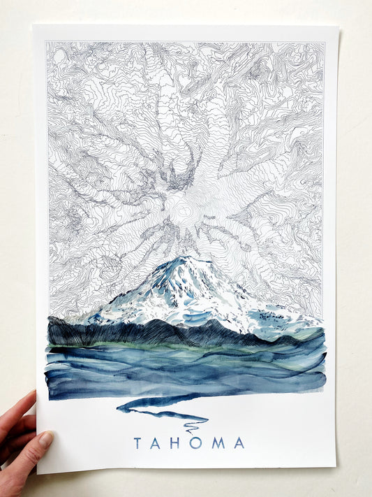 Turn of the Centuries - Mount Rainier Tahoma Washington Topographical Map Drawing + Mountain + River Print