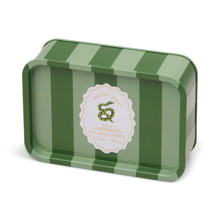 Striped tin in shades of green with white label. Label has a snake and reads Paddywax., Wild Lemongrass Soy Wax Candle, 8.5 oz - 184 g"