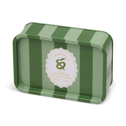 Striped tin in shades of green with white label. Label has a snake and reads Paddywax., Wild Lemongrass Soy Wax Candle, 8.5 oz - 184 g"