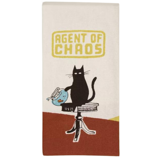 Dish towel with Agent Of Chaos text and Black Cat