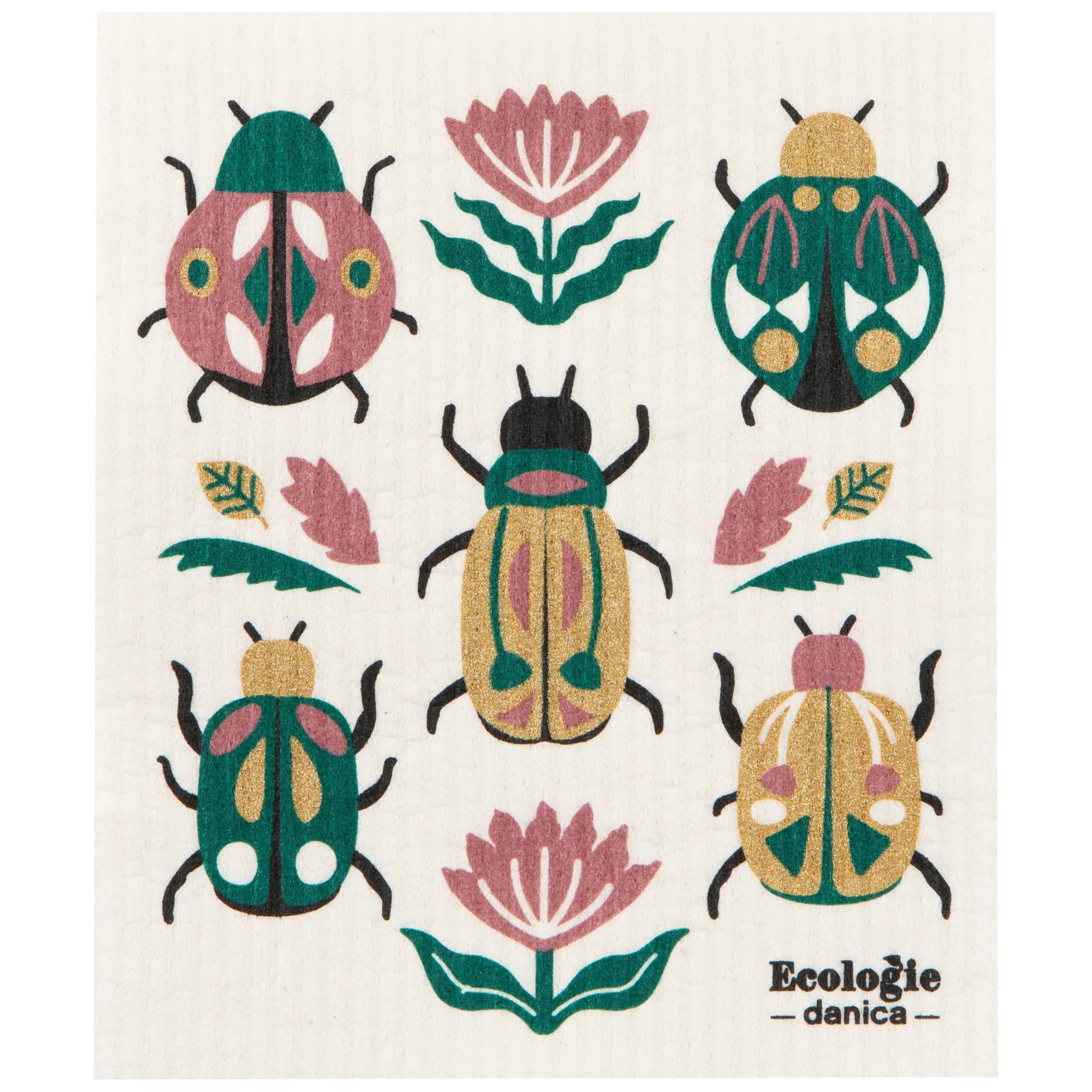 Multitasking Swedish compostable dishcloths with beetles and flowers graphic