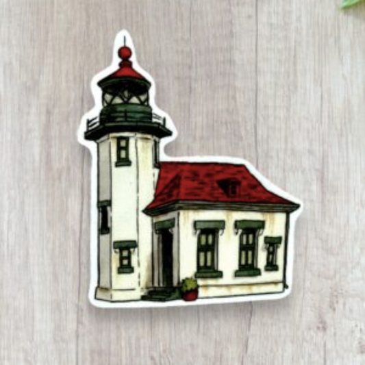 Lighthouse sticker with a white boarder. Lighthouse is white and has red a red roof and green trim.