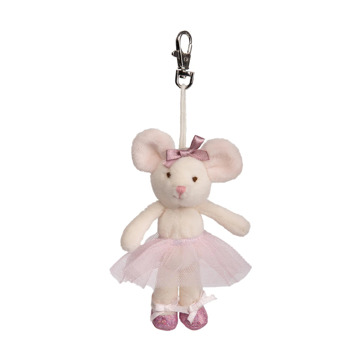Plush mouse toy in a tutu with a pink bow and glittery shoes, attached to a clip on a white background.