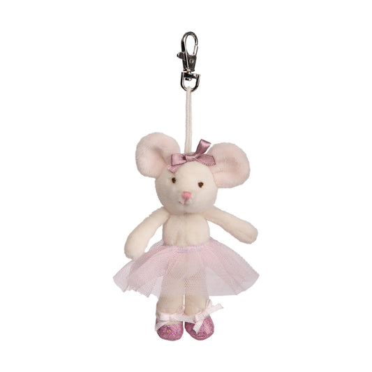 Plush mouse toy in a tutu with a pink bow and glittery shoes, attached to a clip on a white background.