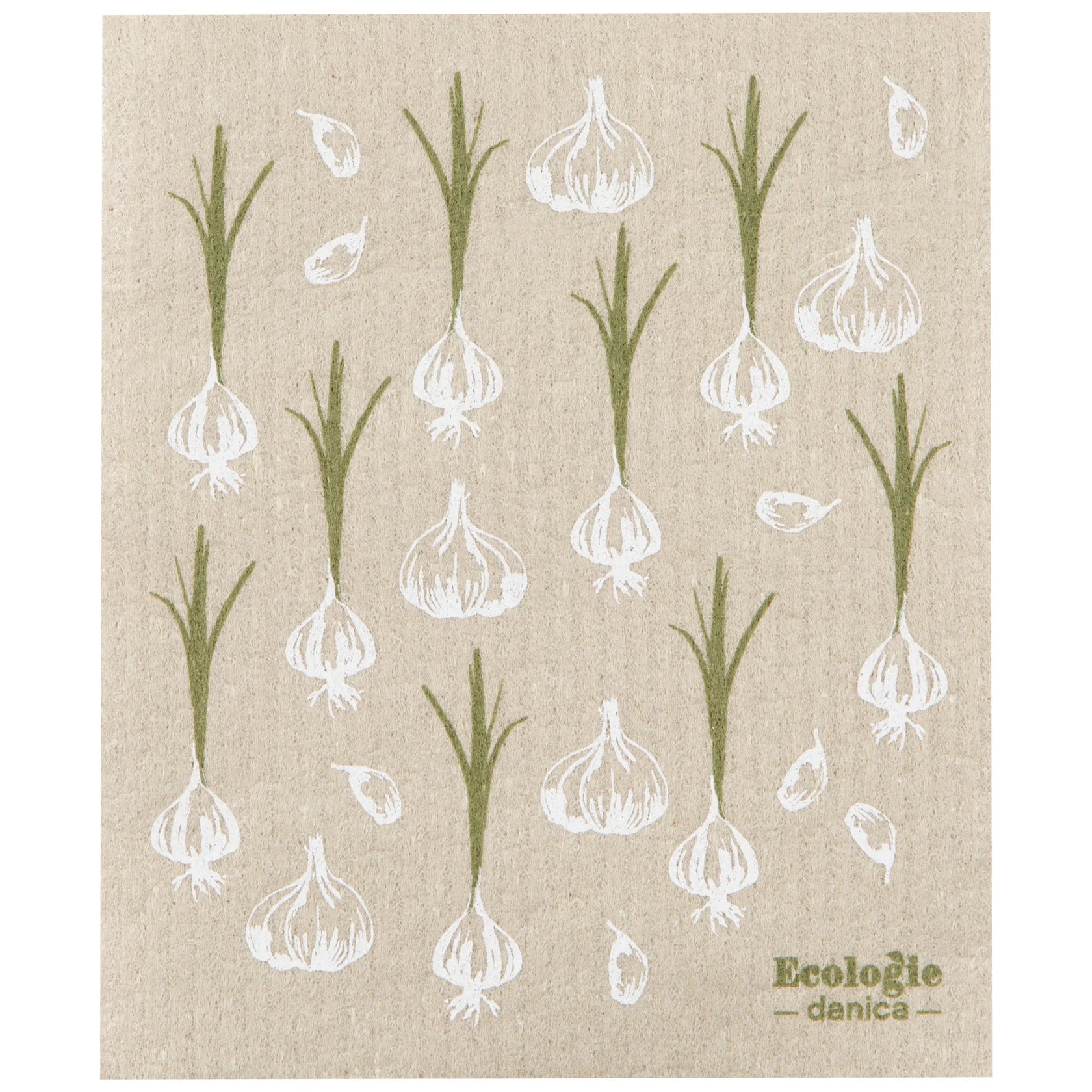Multitasking Swedish compostable dishcloths with Garlic Bulb graphic