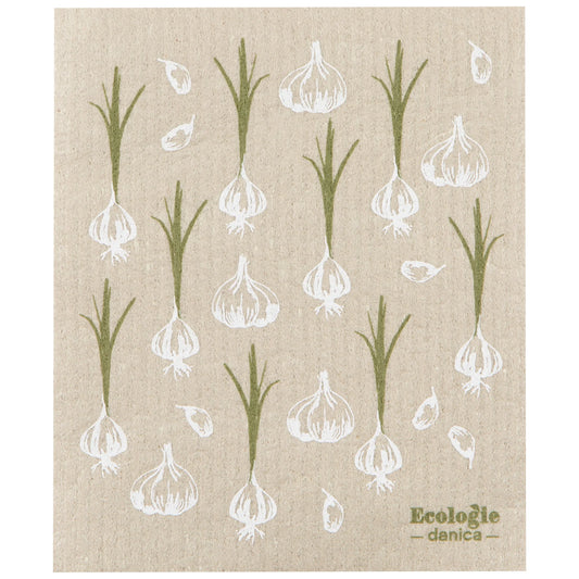 Multitasking Swedish compostable dishcloths with Garlic Bulb graphic