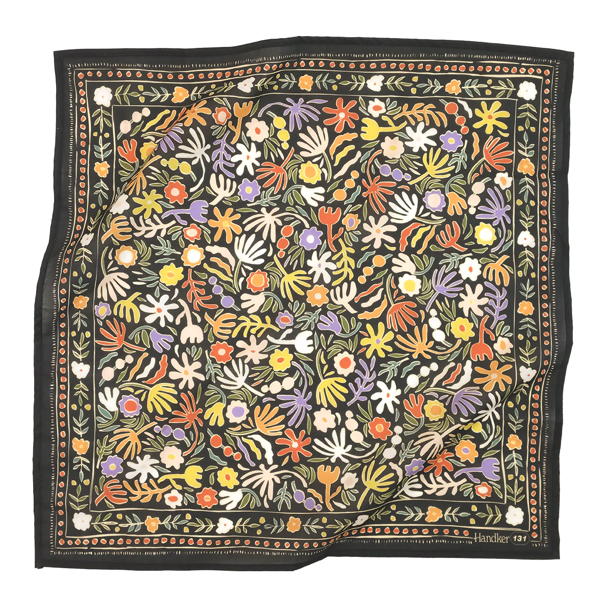 Handker Henri Bandana is black with a riot of color in an all over abstract floral print. Hand drawn flowers and leaves cover every inch of the bandana which is bordered in an orange and gold dot pattern