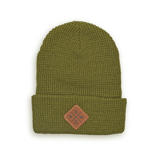 Green knit beanie with a leather patch 
