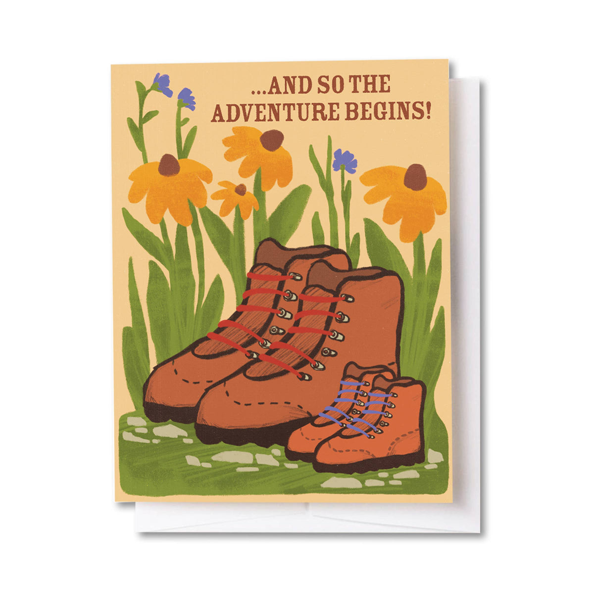 Greeting card with adult sized hiking boots, kids sized hiking boots and flowers, featuring text 'And so the adventure begins!'.