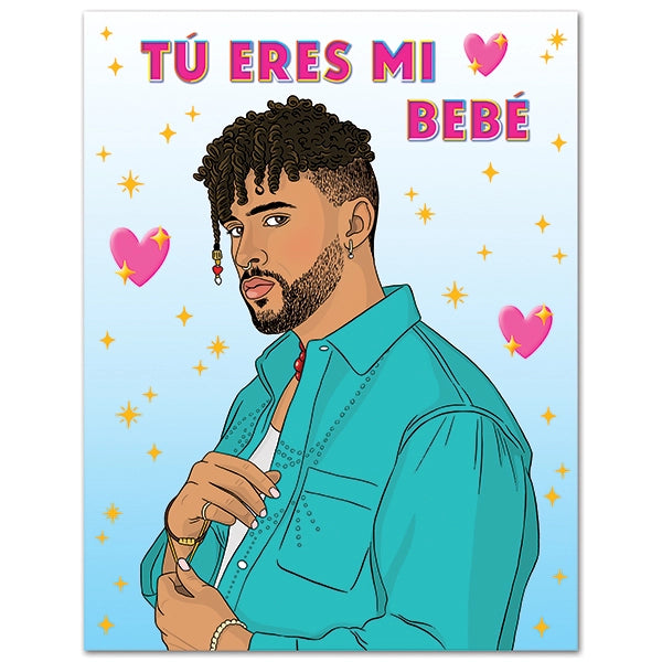 Illustration of Bad Bunny with text 'Tó ERES MI BEBÓ' on a blue background with hearts and stars.
