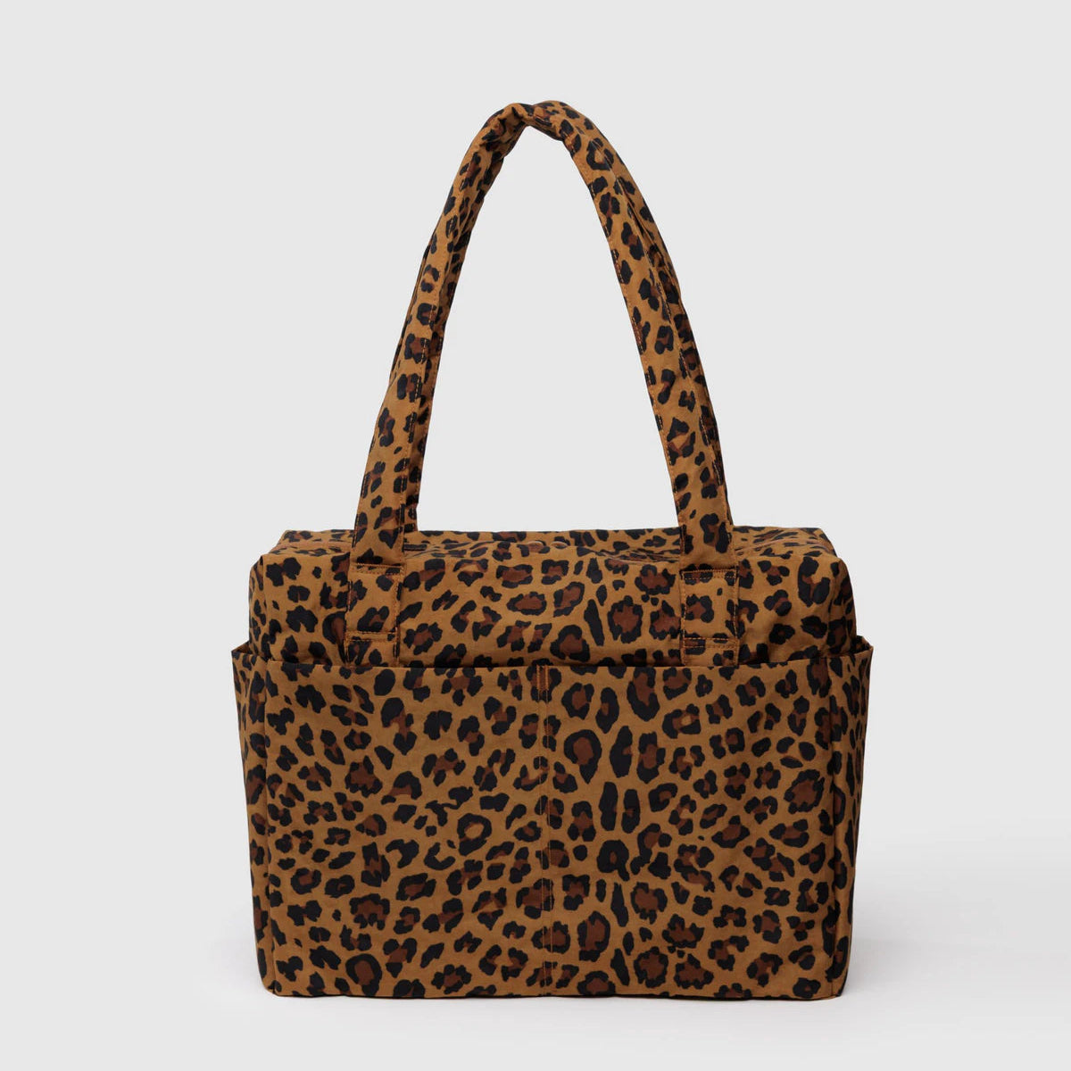 Leopard print handbag on a light gray background