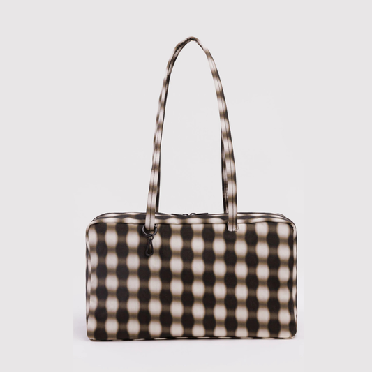 Medium nylon bowler bag in blurred gingham print