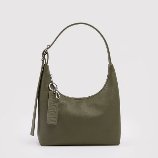 Green handbag with a visible baggu brand tag on a light gray background