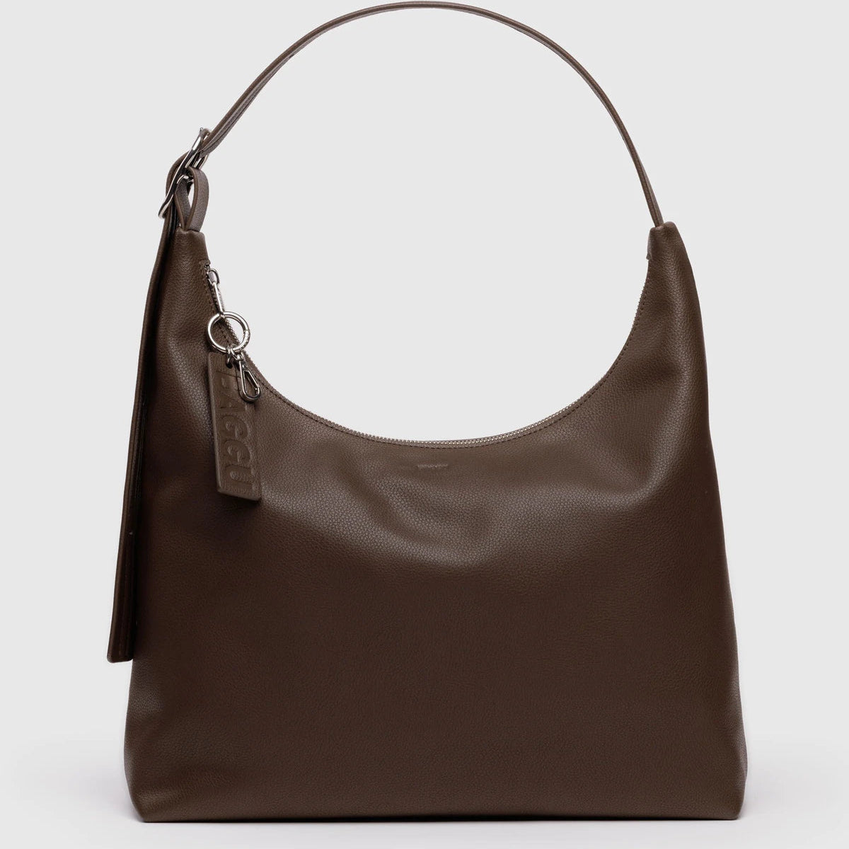 Brown leather handbag on a light gray background