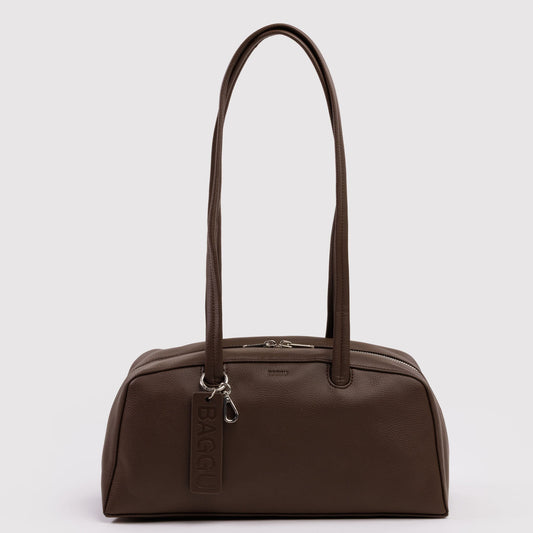 Brown handbag with a visible baggu brand logo on a light gray background