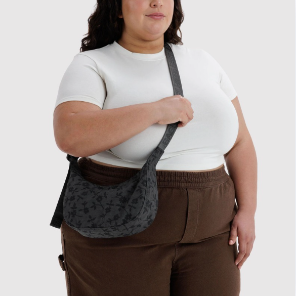 Baggu Small Nylon Crescent Bag - Charcoal Ditsy Floral
