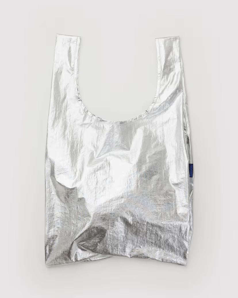 Silver reflective tote bag on a white background