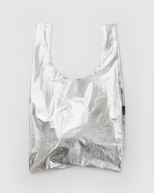 Silver reflective tote bag on a white background