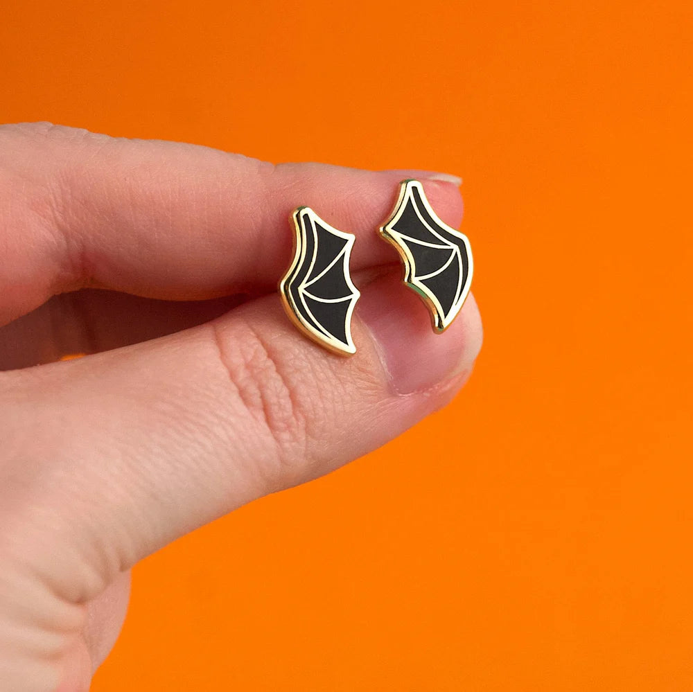 Black Bat Wing Earrings with Gold Detail