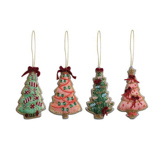 Four Christmas tree-shaped ornaments with decorative patterns on a white background. Item for Sale is one of four trees.