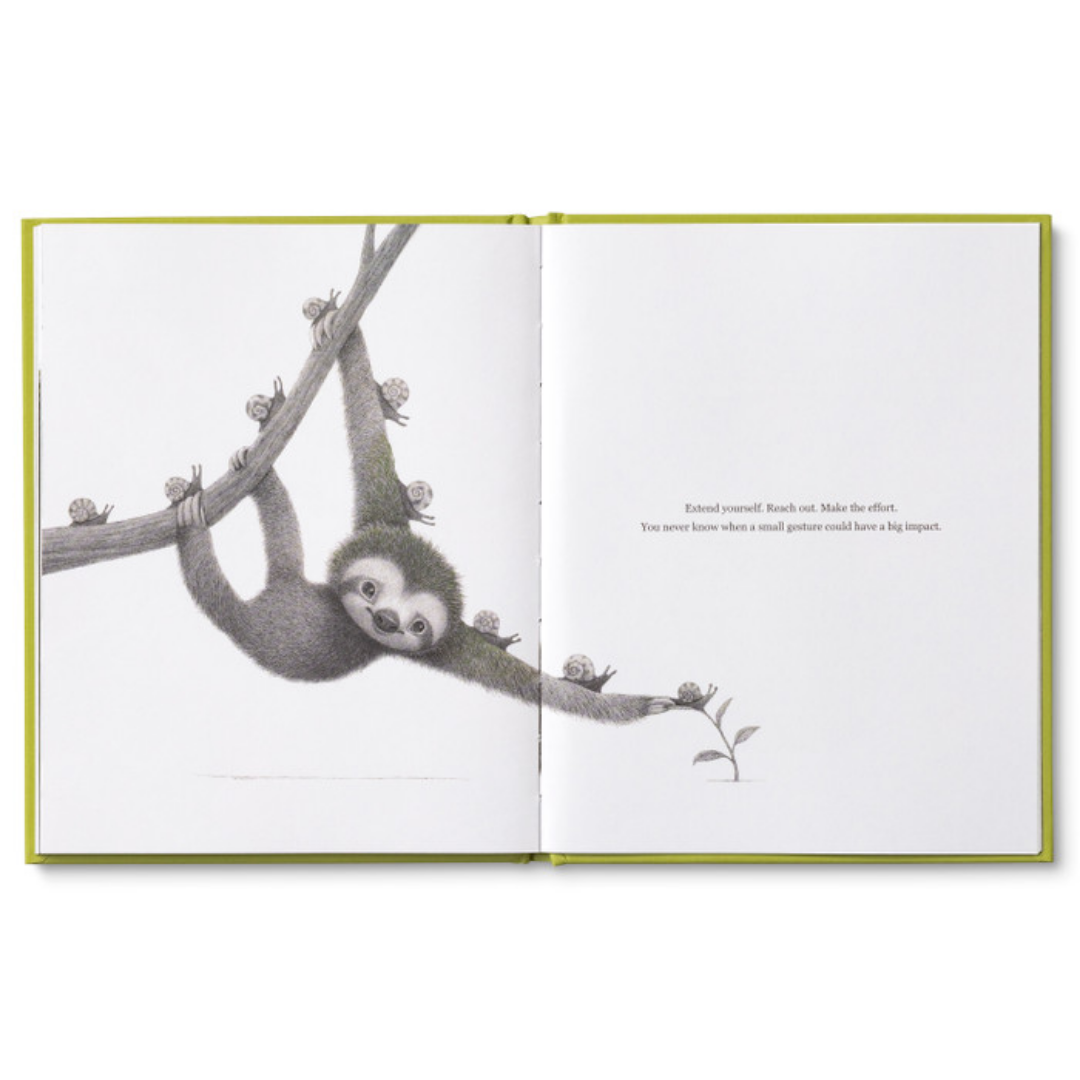 Interior page from "Being Kind features a sloth helping several snails move from a branch to the ground using their arms as a bridge