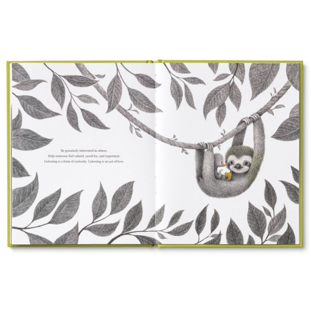 Page of "Being Kind" features the sloth hanging from a vine with a little duckling sitting on their stomach. The pages are filled with lush looking leaves. 