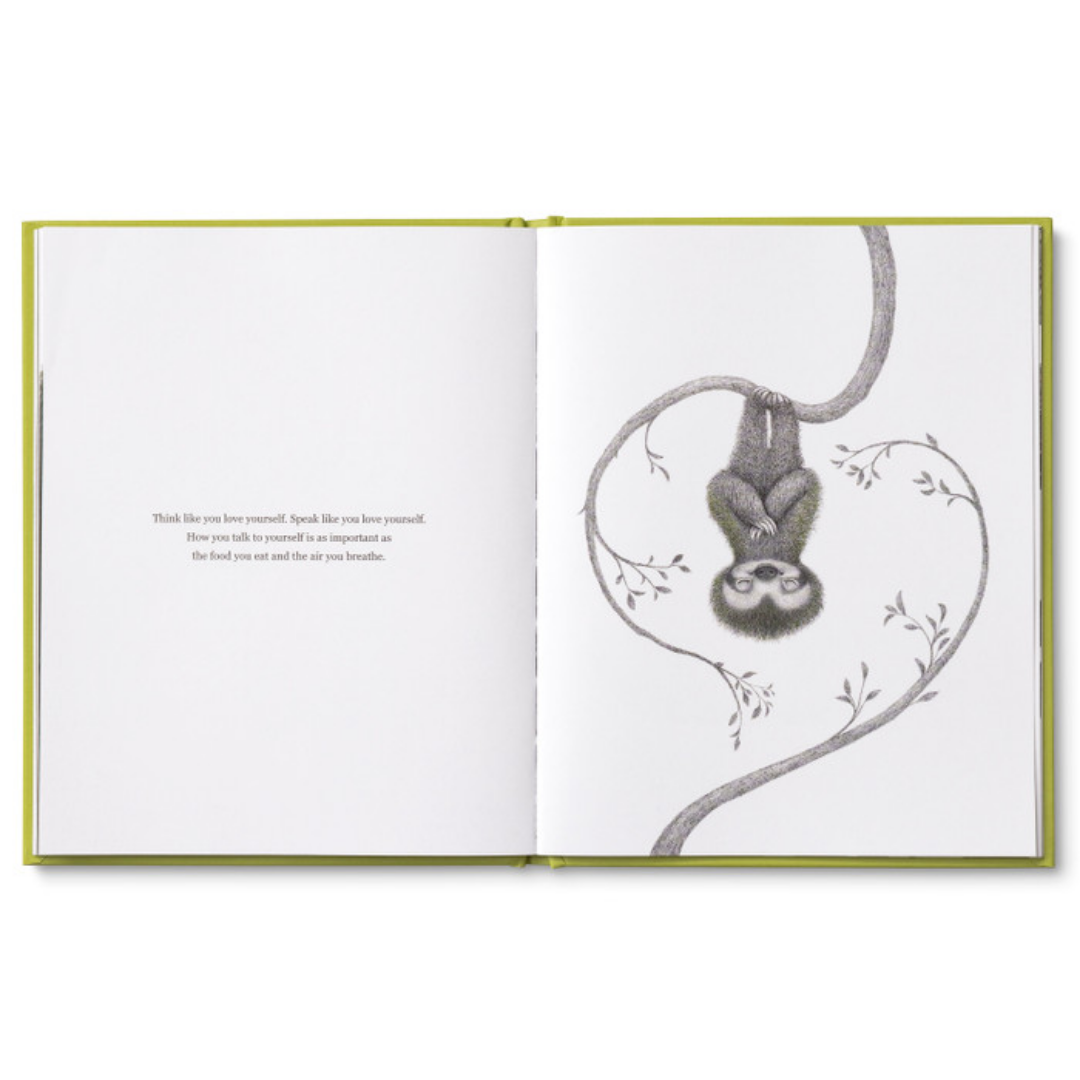 Page from "Being Kind" features the sloth hanging upside down from a branch. the branch and another branch meet to make a heart shape around the sloth