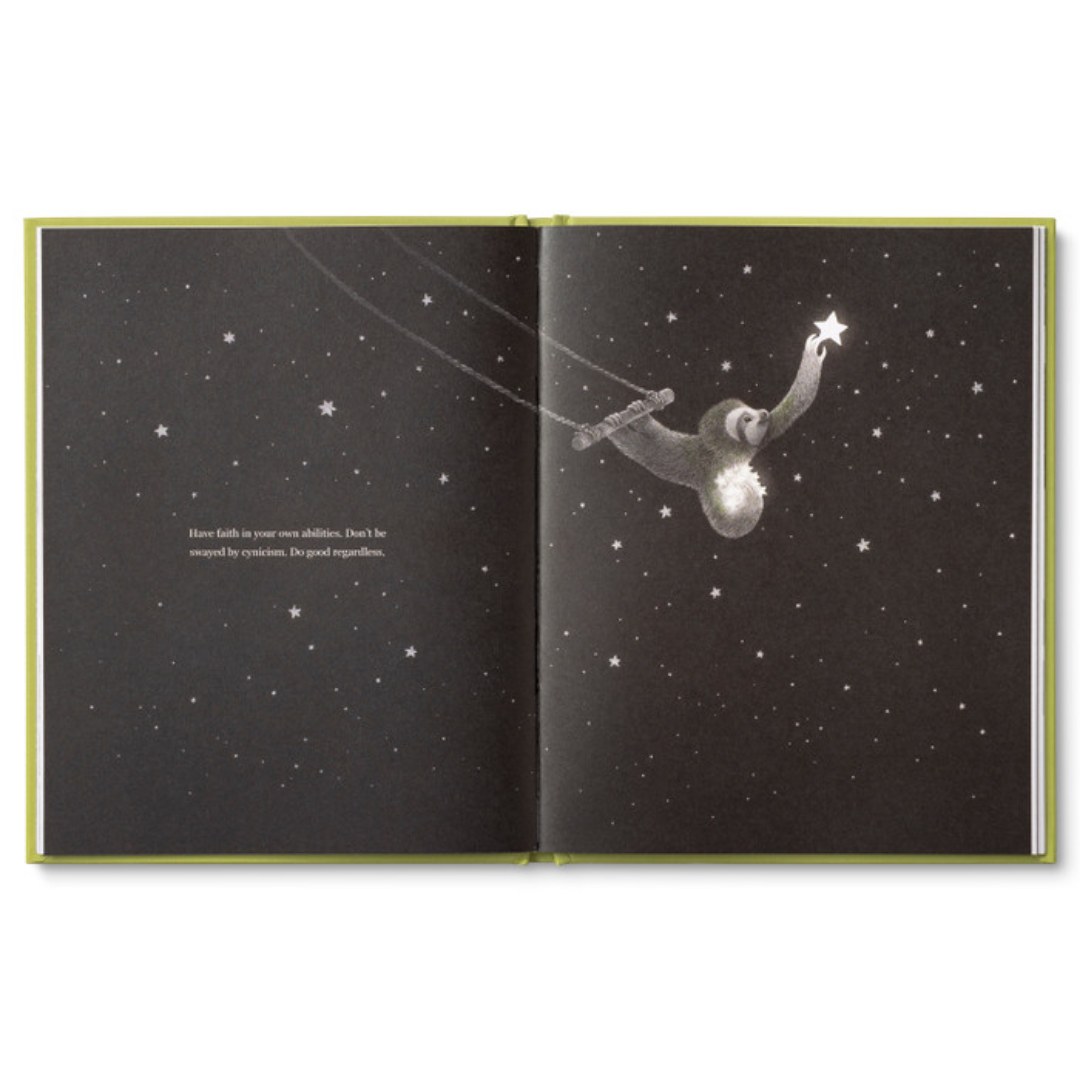 Sloth swings on a rope swing against a night's sky collecting stars.