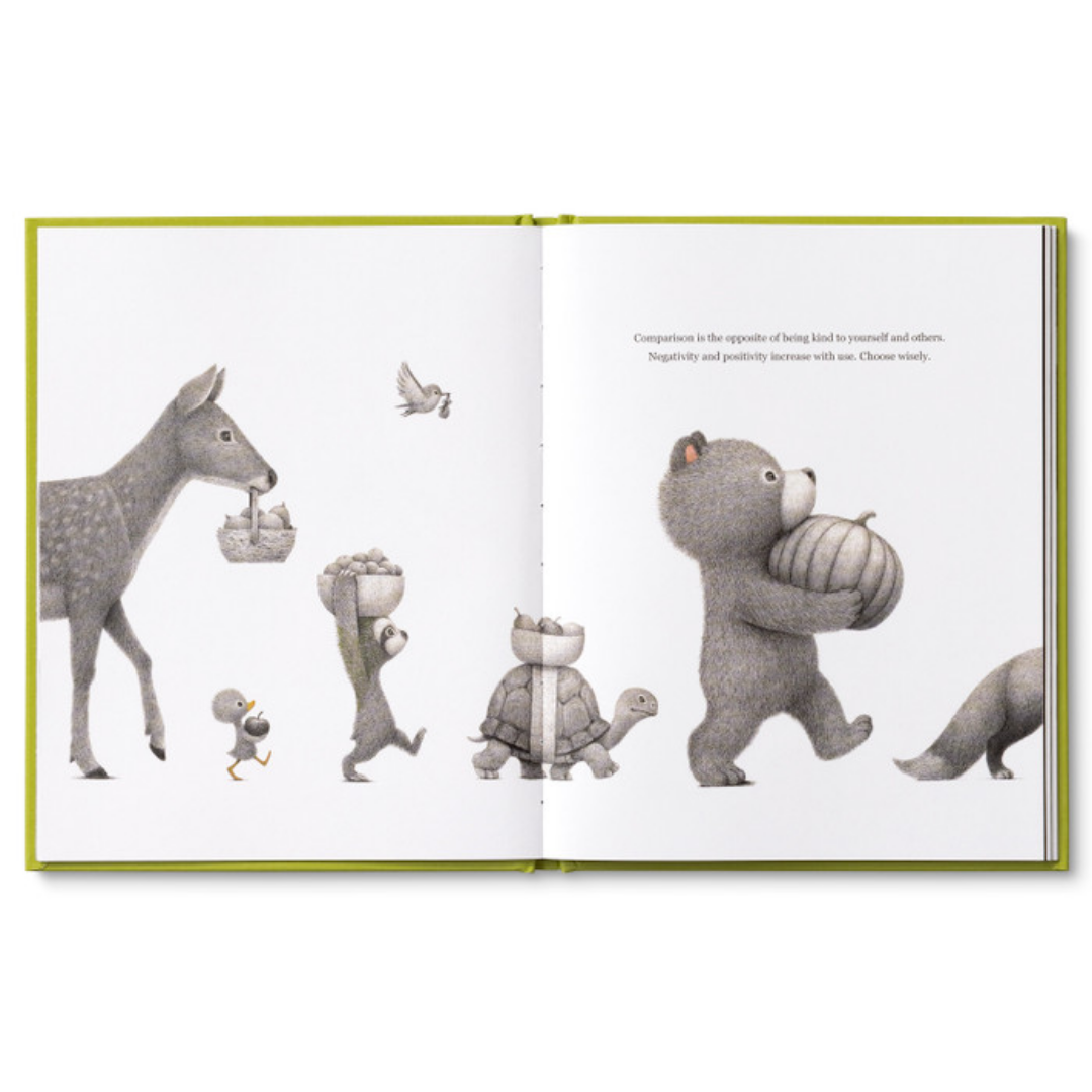 Page from "Being Kind" featuring a collection of Forrest friend - A deer, duckling, raccoon, turtle, bear, and the tail of a fox, all holding fruits and baskets.