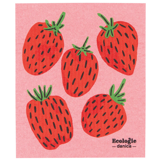 Pink Swedish Dish cloth with red strawberry pattern and 'Ecoégie Danica' branding