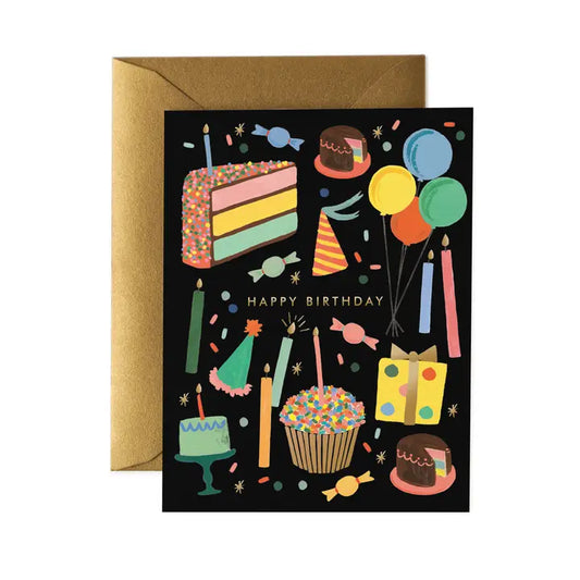 Birthday card with colorful illustrations of cake, balloons, and other party elements on a black background.