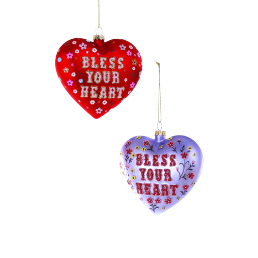 Two heart-shaped ornaments with 'Bless Your Heart' text and floral decoration. Listing is just for one ornament
