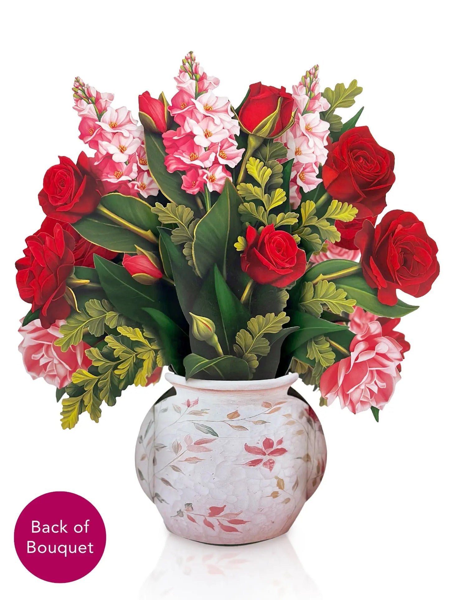 Paper Bouquet of red and pink flowers in a decorative vase on a white background