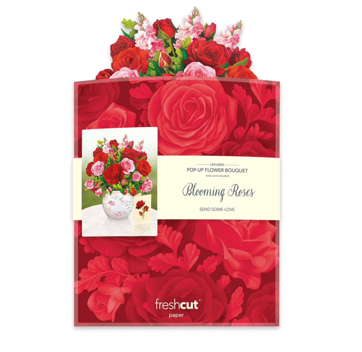 Pop-up flower bouquet packaging with red roses and 'fresh cut' branding.