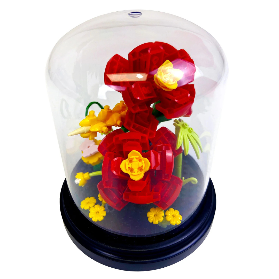 Colorful rose block pieces inside a clear dome on a white background
