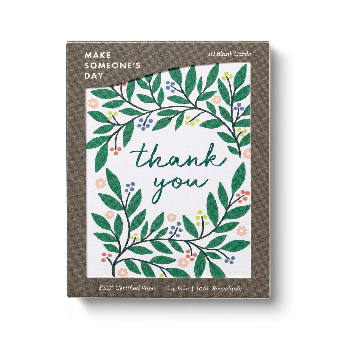 Box of 10 blank cards with 'thank you' text and leaf design on a white background