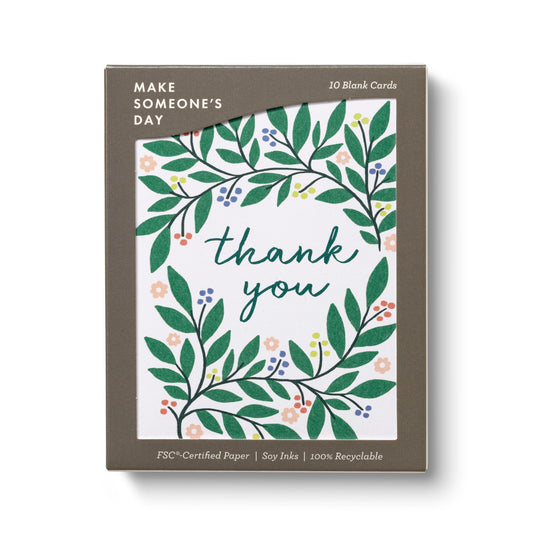 Box of 10 blank cards with 'thank you' text and leaf design on a white background