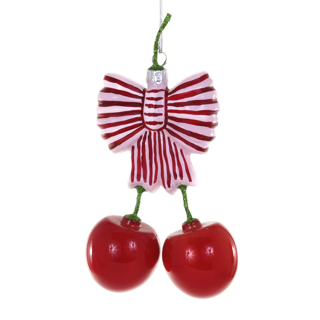 Decorative ornament with red and pink striped bow and red cherries 