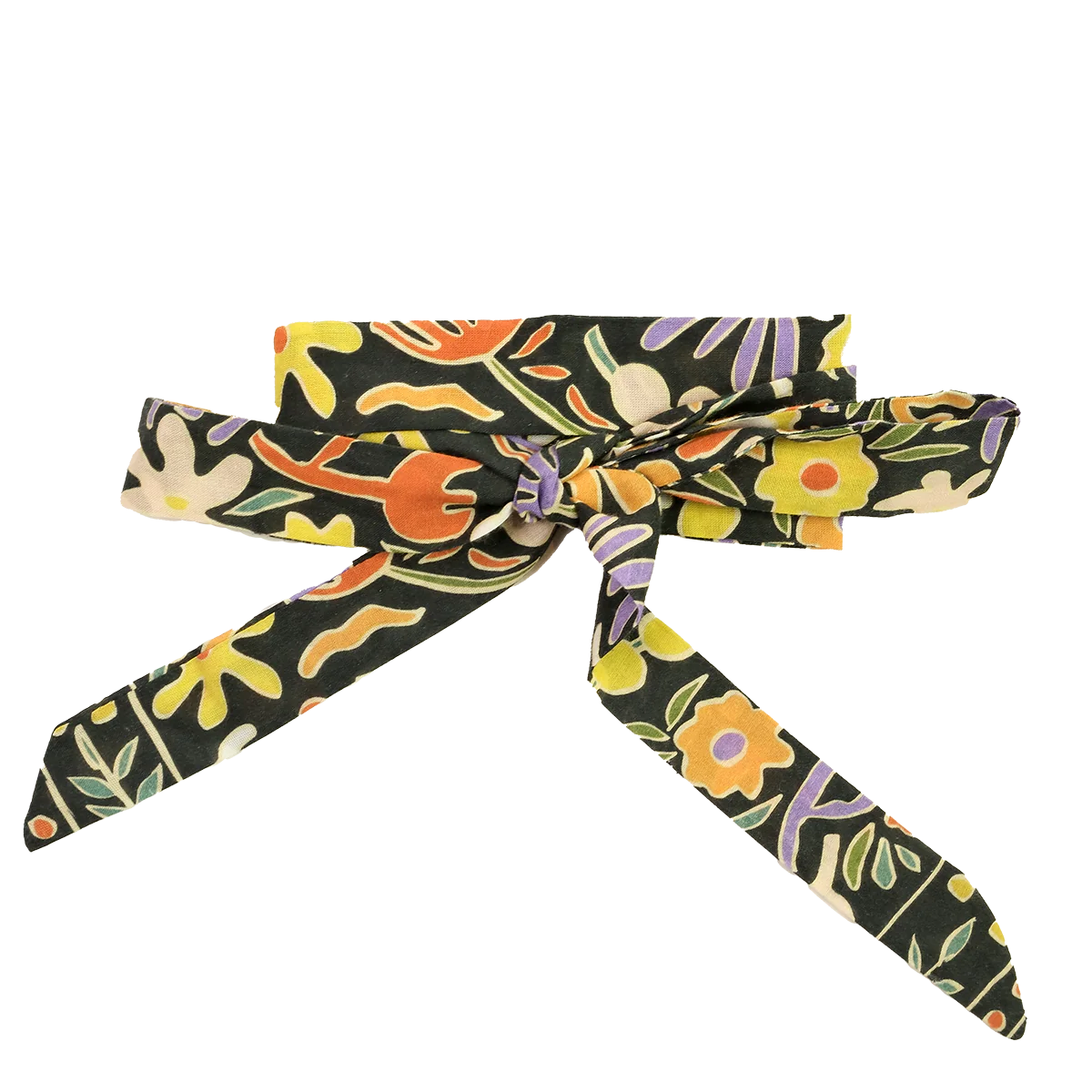 Handker's Henri Bowie Tie has a black background with an abstract floral design in orange, yellow, green, and periwinkle blue. It's thin and long and wrapped around several times finished off with a bow.
