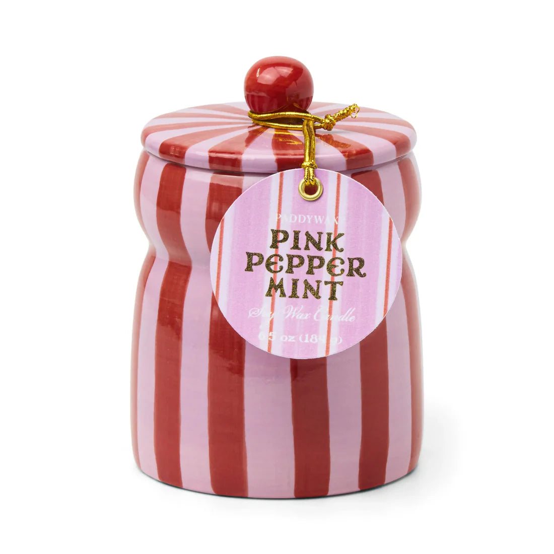 Candle in red and pink striped ceramic vessel with lid. Lid has a red knob. Label reads "Paddywax Pink Peppermint Soy Wax Candle"