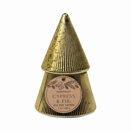 Pine tree shaped candle in a gold mercury glass vessel