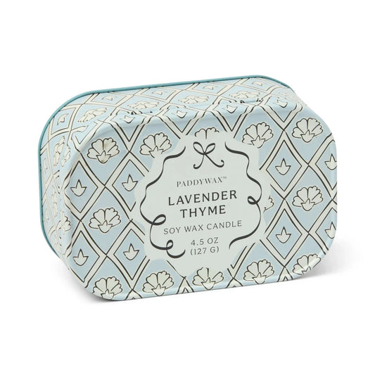 Paddywax Lavender Thyme candle in a decorative  blue and white tin 